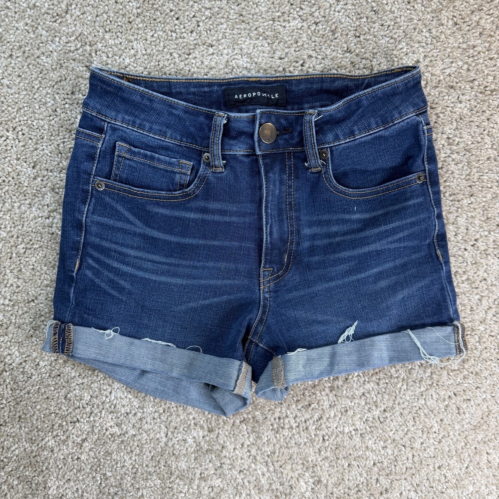 Aeropostale Denim Cutoff Shorts Womens 2 Blue High Rise Cuffed Summer Casual